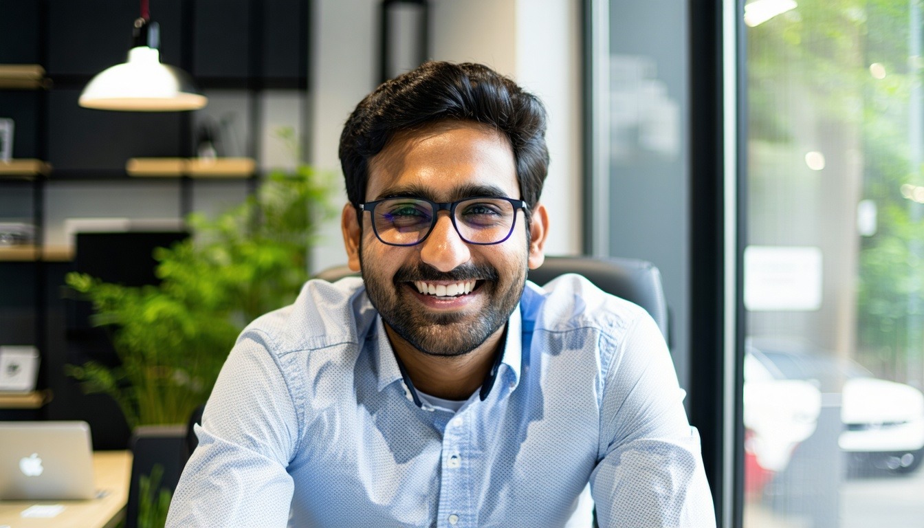 A 30 year old man of Indian heritage in an office smiling
