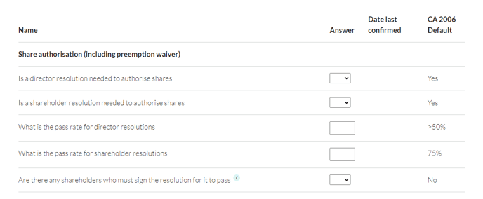list of settings