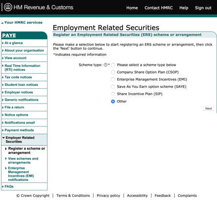 screenshot of ERS "other" scheme type selected