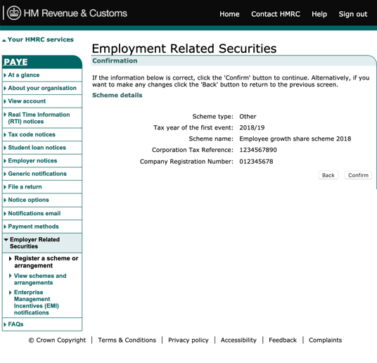 ERS screenshot of details confirmation screen