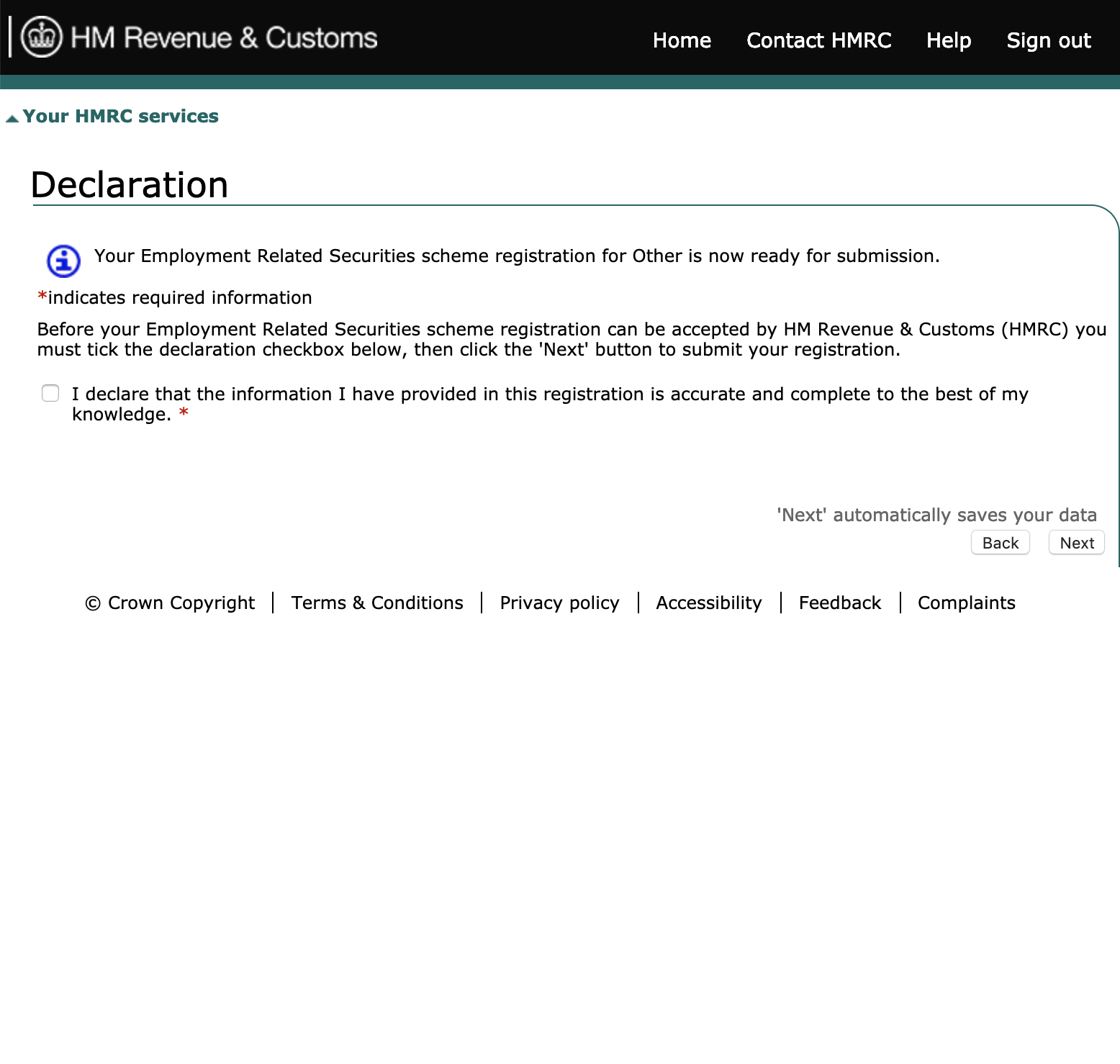 ERS screenshot of declaration screen