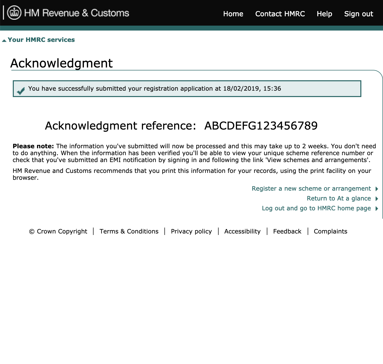 ERS screenshot of acknowledgement screen