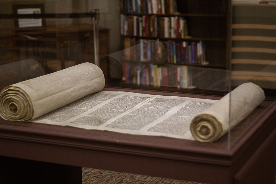 Scroll manuscript in a library Scroll manuscript in a library