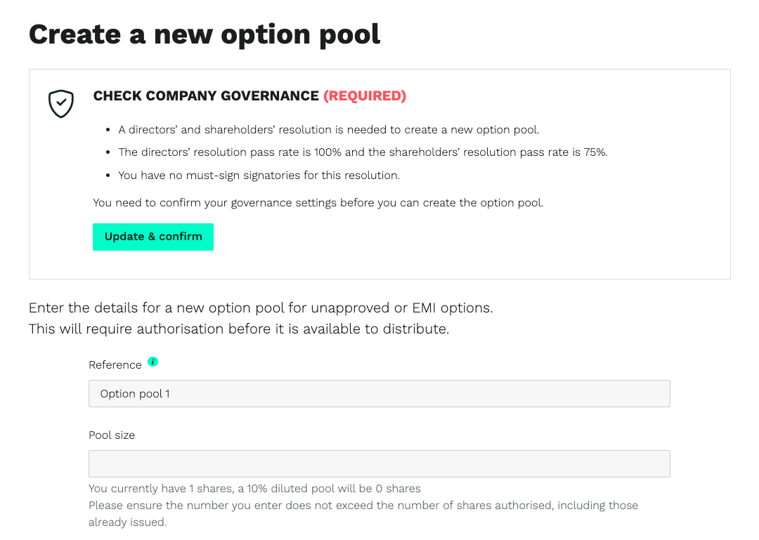 create a new option pool screen